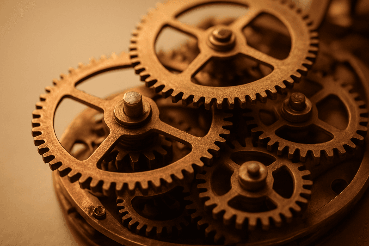 Copper clockwork gears, some frozen and others flowing, symbolizing interrupted versus continuous workflow